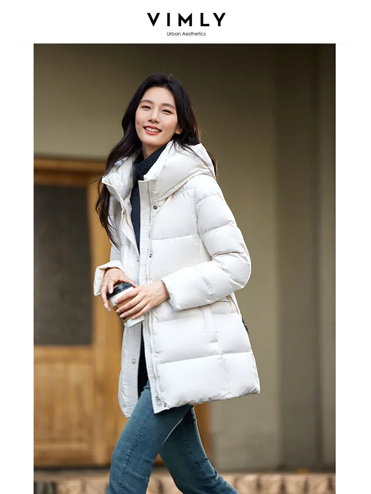 VIMLY Women Casual Puffer Duck Down Jacket Winter Simple Long Down Coats Stand Collar Hooded Thick Warm Windproof Overcoats50669