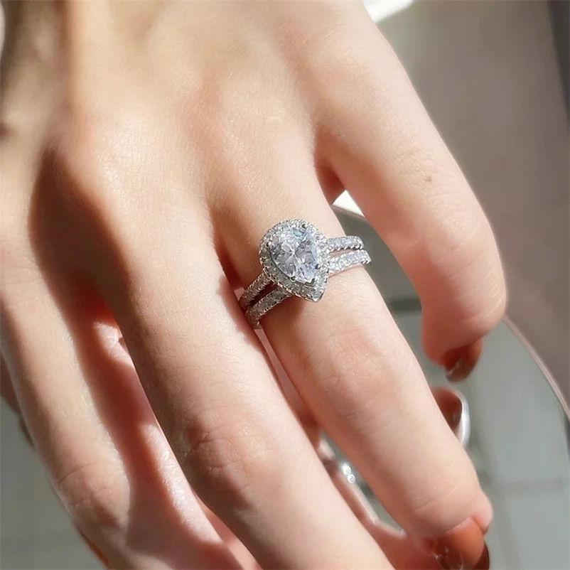 CC Bridal Sets Rings For Women 2pcs Silver Color Water Drop Stone Wedding Jewelry Double Ring Engagement Accessories CC775