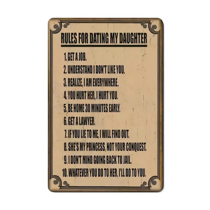 Vintage Rules for Dating My Daughter Metal Tin Sign - Retro Wall Decor, Beige & Brown, Iron Material, Perfect for Home, Father’s