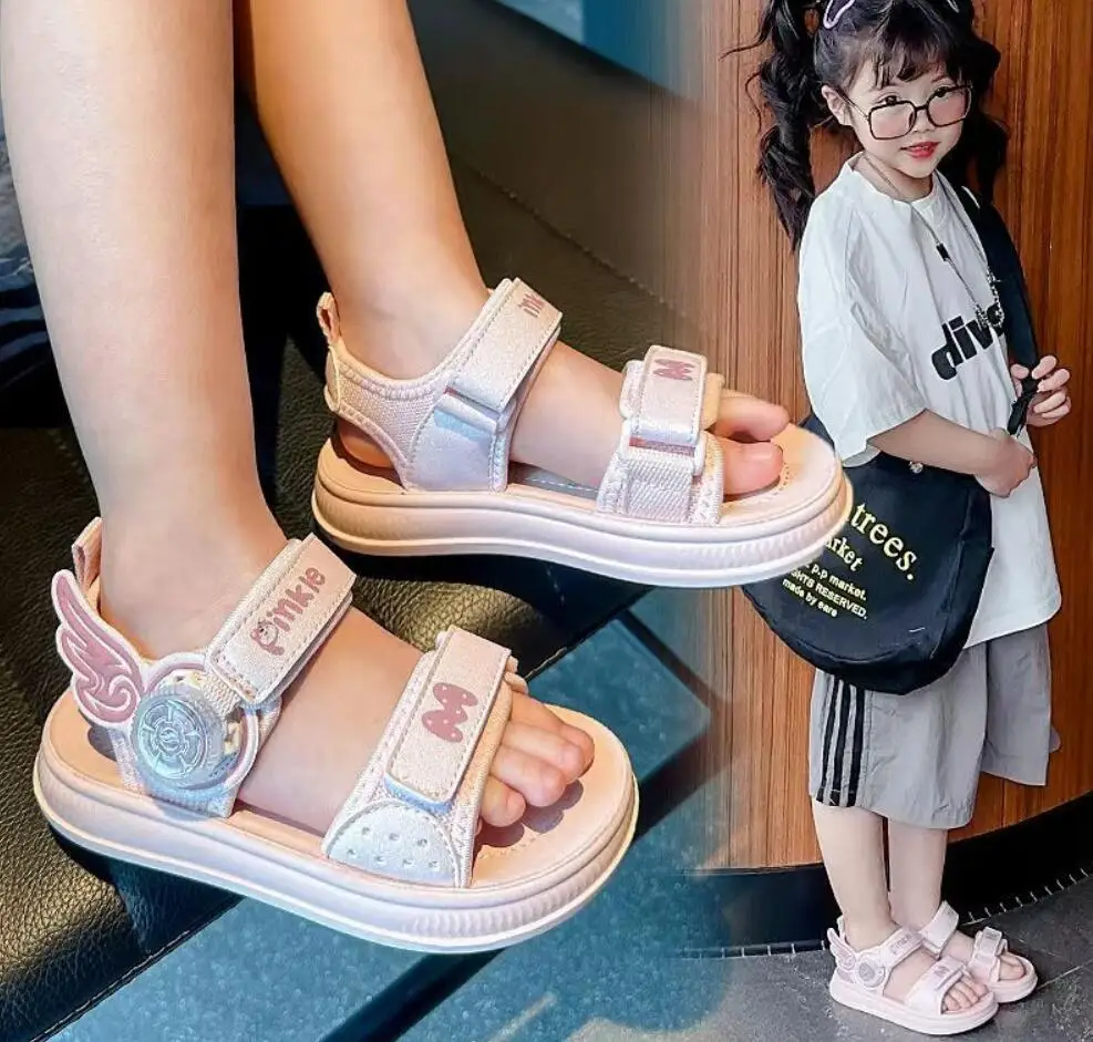 Girls' Princess sport Sandals Spring/Summer sneakers2026 New children Open-Toe Beach Shoes Fashion Wing design hook &loop Sandal