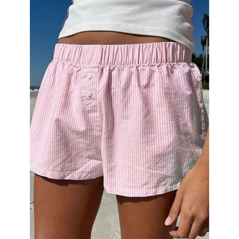 

Striped Print Casual Shorts for Women Elastic Waist Fashion Button Bottoms Streetwear Chic Basic Y2K Loose Shorts Jean Shorts