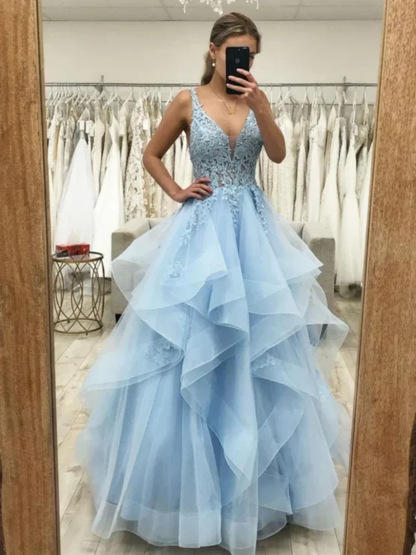 Prinsen Baby Blauwe Avondjurken Zoete Kant Emblaid Prom Dress 2024 Rand Curl A Line Party Jurken فساتين سهرة