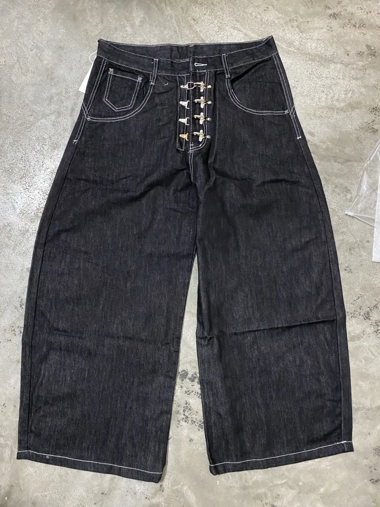 Dames metalen gesp ontwerp gebogen wijde pijpen jeans hoge taille rechte baggy denim broek vrouwelijke vintage street style broek