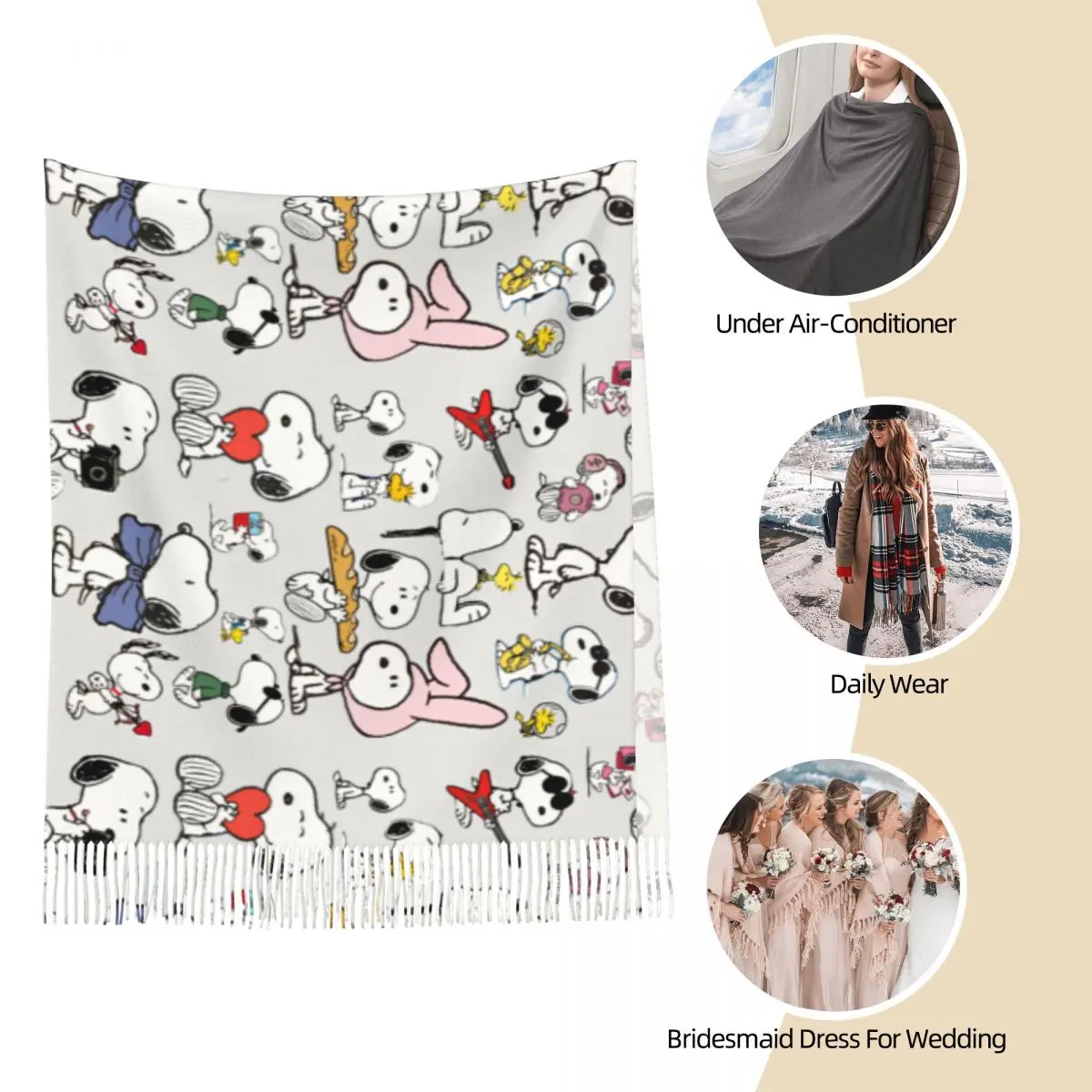 Women's Scarf with Tassel Peanuts Snoopy Woodstock Large Soft Warm Shawl Wrap Cartoon Cute Daily Wear Pashmina Scarves