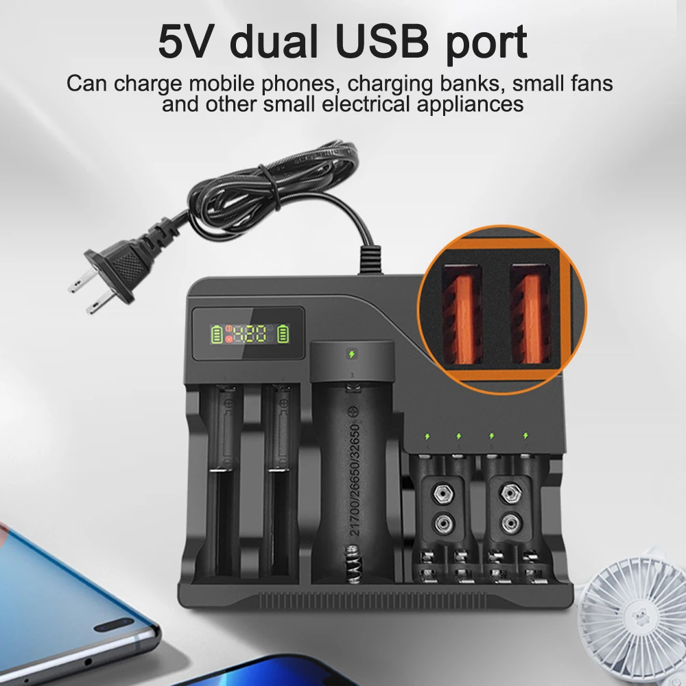 Battery Charger For 18650/26650/21700/32650/14500/16340/ 9V Ni-MH Cd AA AAA Battery Charger LCD Display 7 Charging Slot EU USUSB