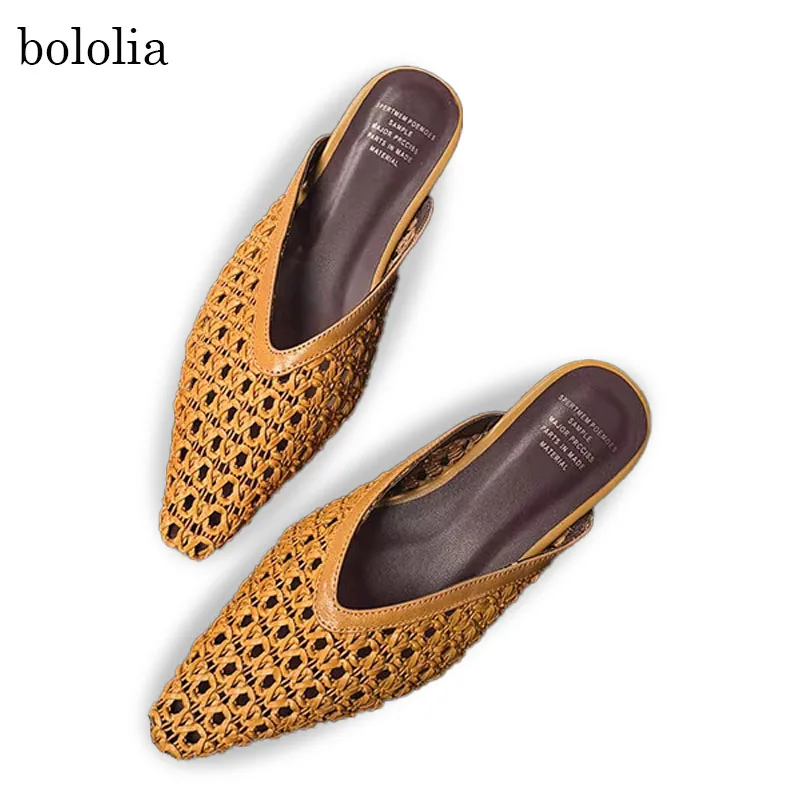 

Genuine Leather Fashion Mueller Slippers Woman Low Heel Soft Bottom Casual Shoes Breathable Mesh Shoes Woman Braided Slippers