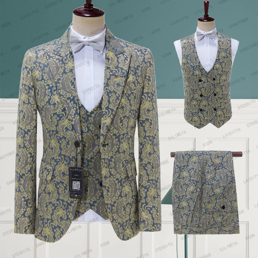 

2023 Men Suits Blue And Yellow Printed For Wedding Groom Tuxedo Casual Custom 3 Piece Set Jacket Vest with Pants Terno Masculino