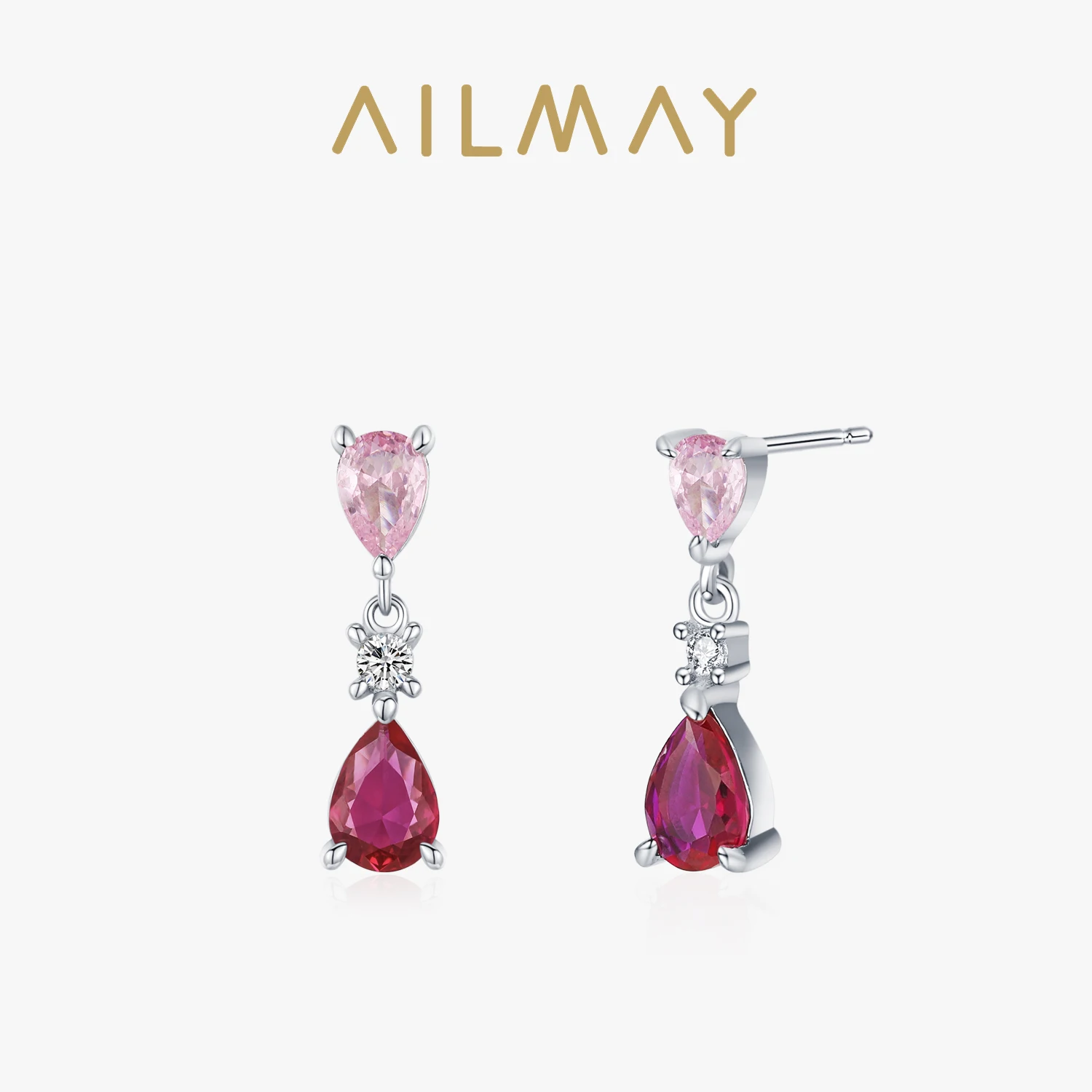 Ailmay 100% 925 Sterling Silver Sweet  Pink Water Droplet Zircon Earrings For Women Romantic Statement Jewelry Gift