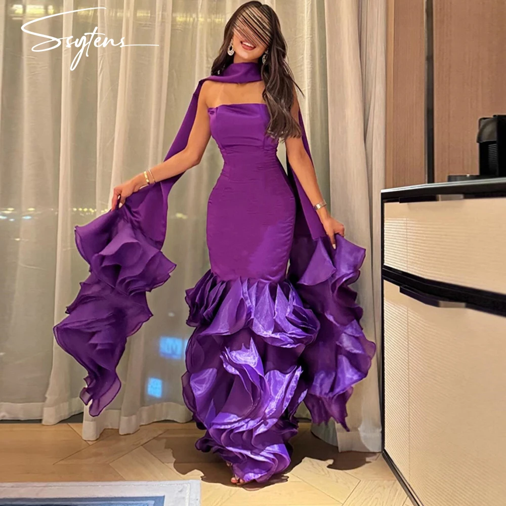 Vintage Purple Strapless Mermaid Customize Formal Occasion Prom Dress Sexy Tiered Organza Ruffle Evening Party Gowns with Scarf