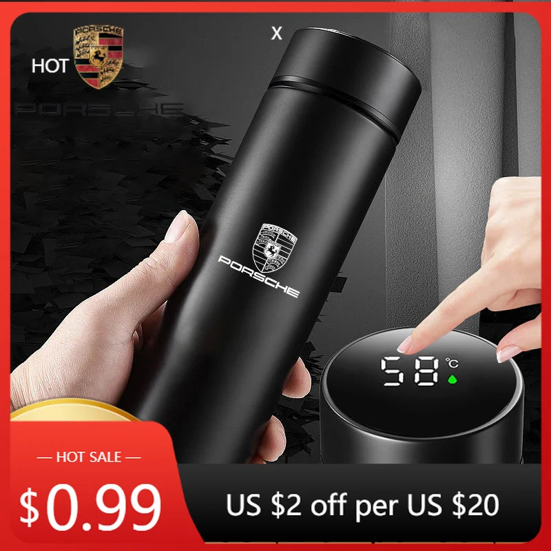 

Наклейка на автомобиль для Porsche, термос с дисплеем температуры 500 мл, вакуумная изолированная кружка из нержавеющей стали для Porsche Cayenne Panamera