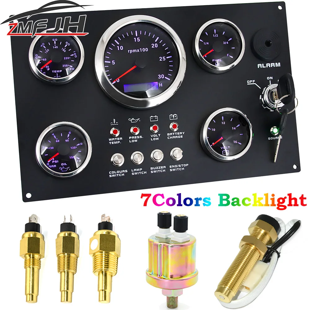 Boat Dashboard 5 Gauge Set Switch Panel 85mm Tachometer 3000rpm-8000rpm+52mm Voltmeter Oil Press Fuel Level Meter Customized