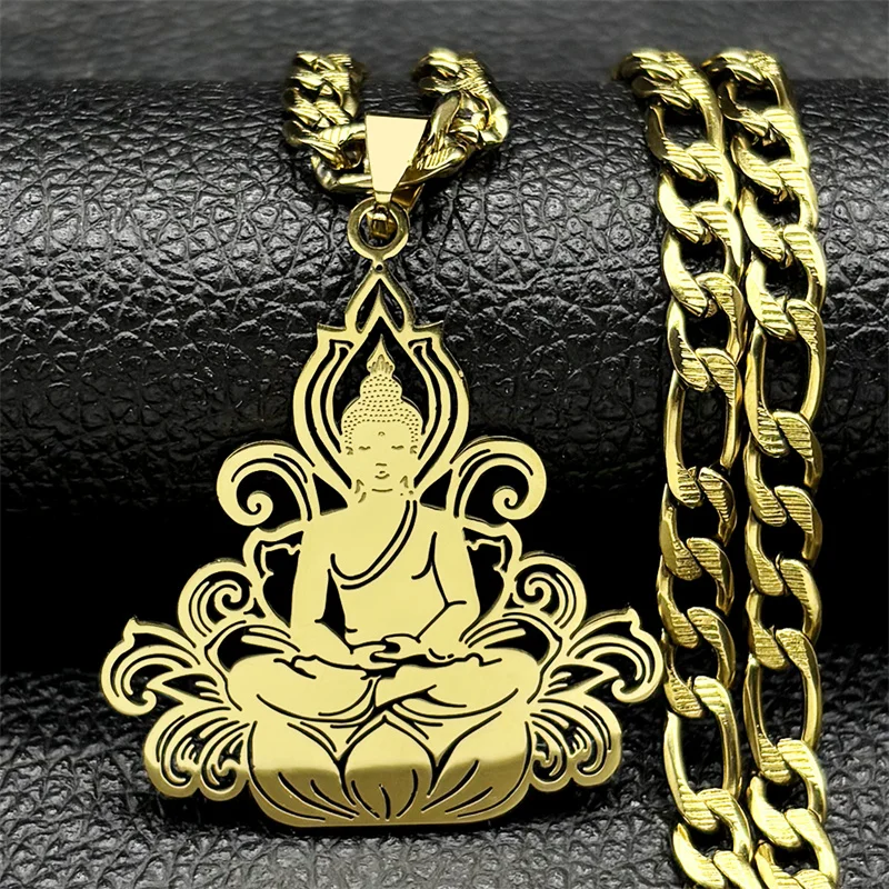 

Buddhist Meditation Pendant Necklace for Women Men Stainless Steel Gold Silver Color Lotus Flower Amulet Hip Hop Chain Jewelry