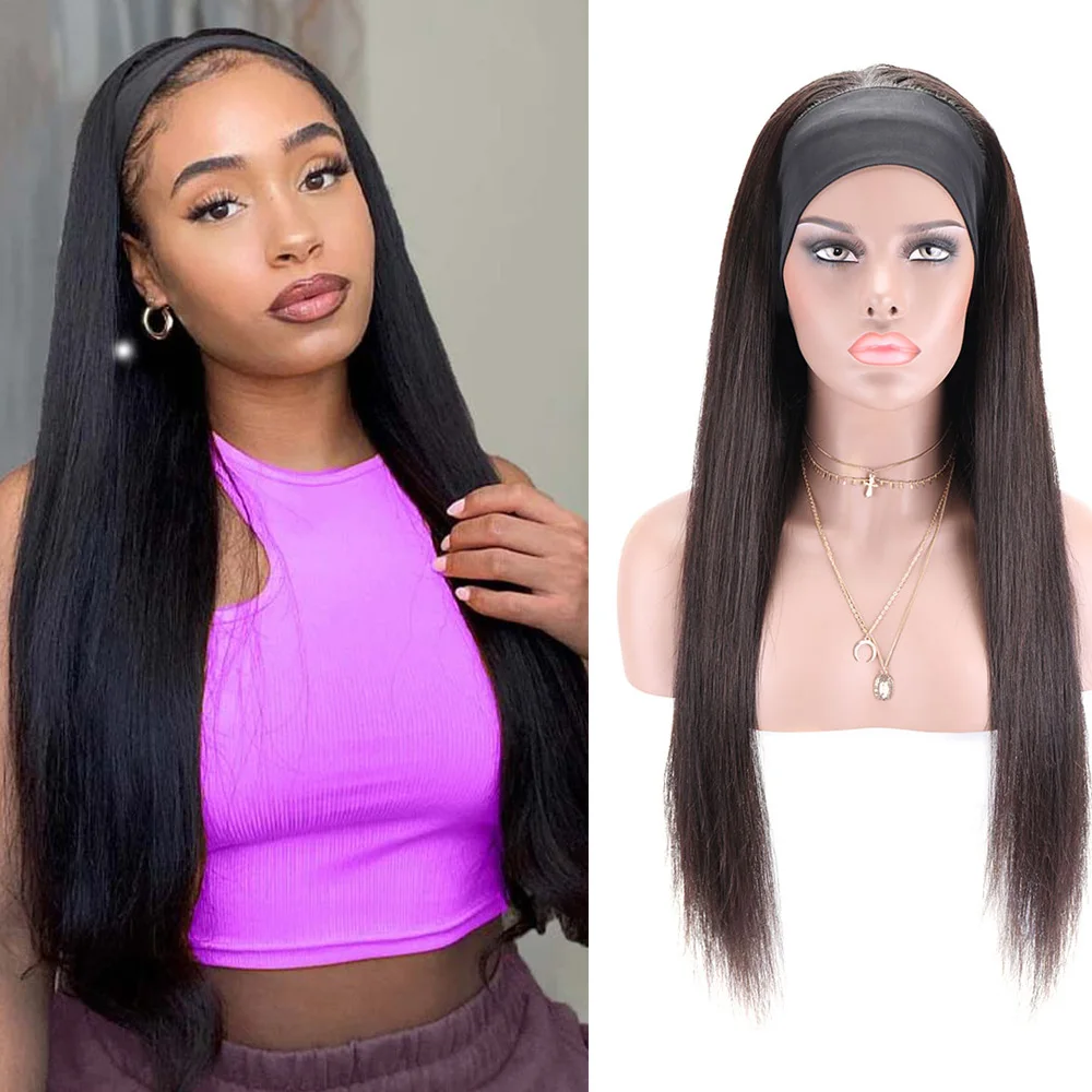 

24 Inch Black Long Straight Headband Wig for Women Premium Straight Headband Human Hair Wig Natural Glueless None Lace Front Wig