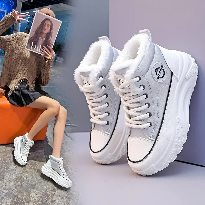 Women's Winter 2023 New Style Flat Boots Fleece Lined Thickened Warm Cotton Shoes High Top Little White Shoes Hx-q037