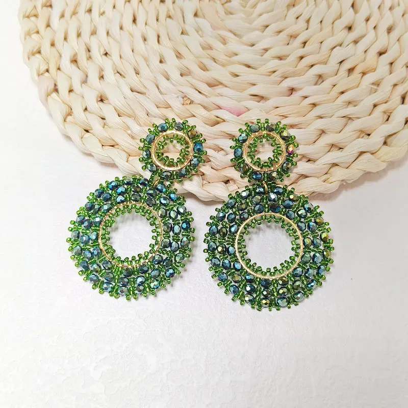 Beaded earrings Originality Crystal Circle Double-deck Hand knitting Bohemia Alloy Fashion Simple Rice bead earrings