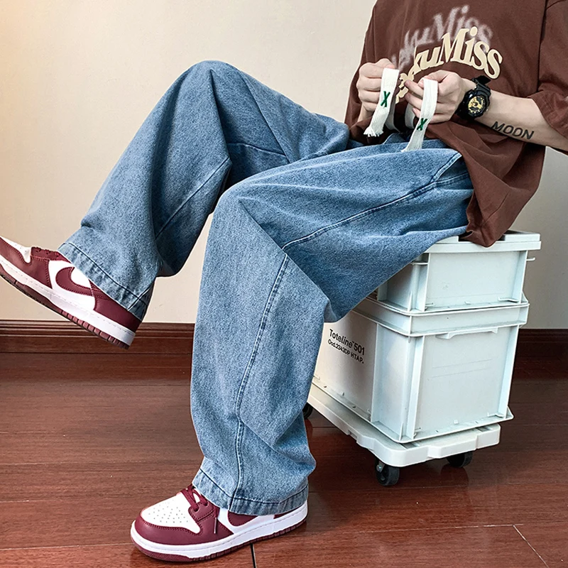 

Ripped Casual Men Jeans Pants Straight Wide Leg Harajuku Oversize Streetwear Denim Trousers