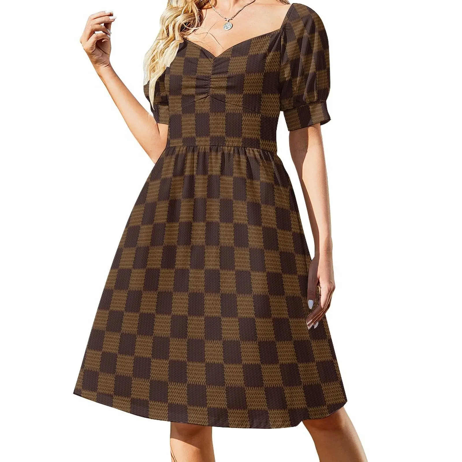 

Brown Tan Checkered Pattern Short-Sleeved Dress evening dress ladies luxury evening dresses 2025 Dress for pregnant women