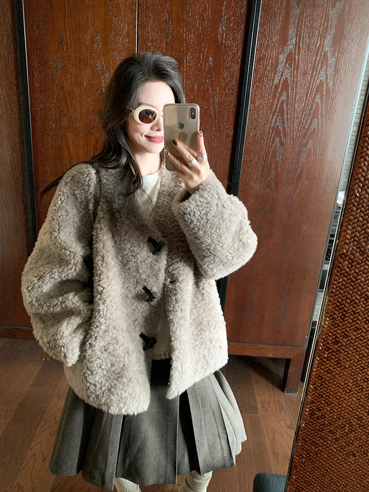 

Gold Su 00 шерстяная замшевая шуба на меховой подкладке, свободная зимняя корейская шуба маленького размера с меховой подкладкой оленя для женщин