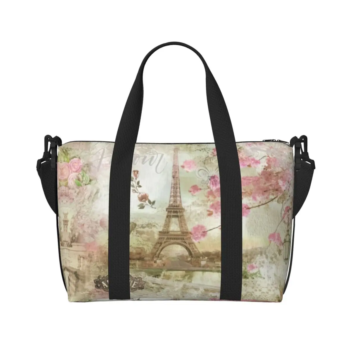 Custom France Paris Eiffel Tower Beach Tote Bag Women Extra Large Gym Carry On Flower Pink Travel Shopping Bags