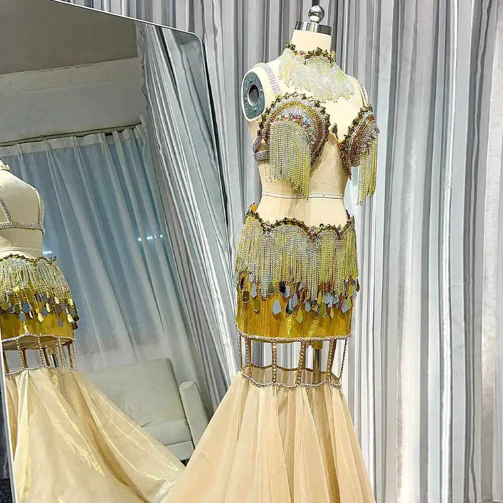 

Customized Belly Dance Costumes Heavy Industry Tassel Wrapped Buttocks Beautiful Fish Tail Skirt Performance Costume