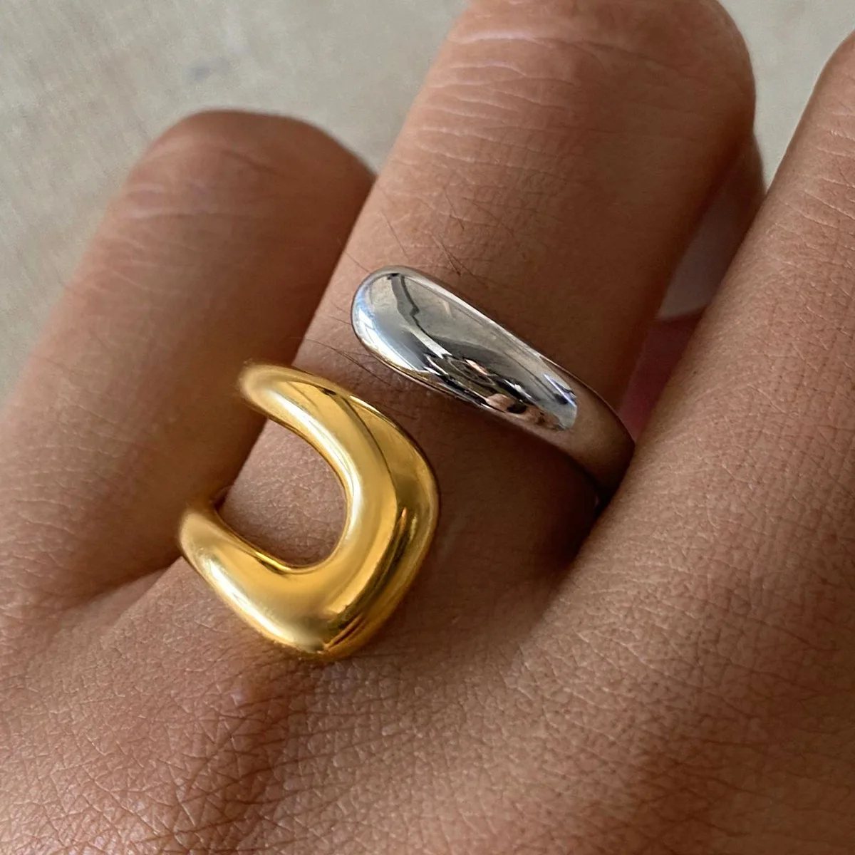 Clean Girl Two Tone Mixed Metal Liquid Asymmetric Open Cuff Ring,Waterproof Non-Fading 18K Gold Stainless Steel,Statement Gift
