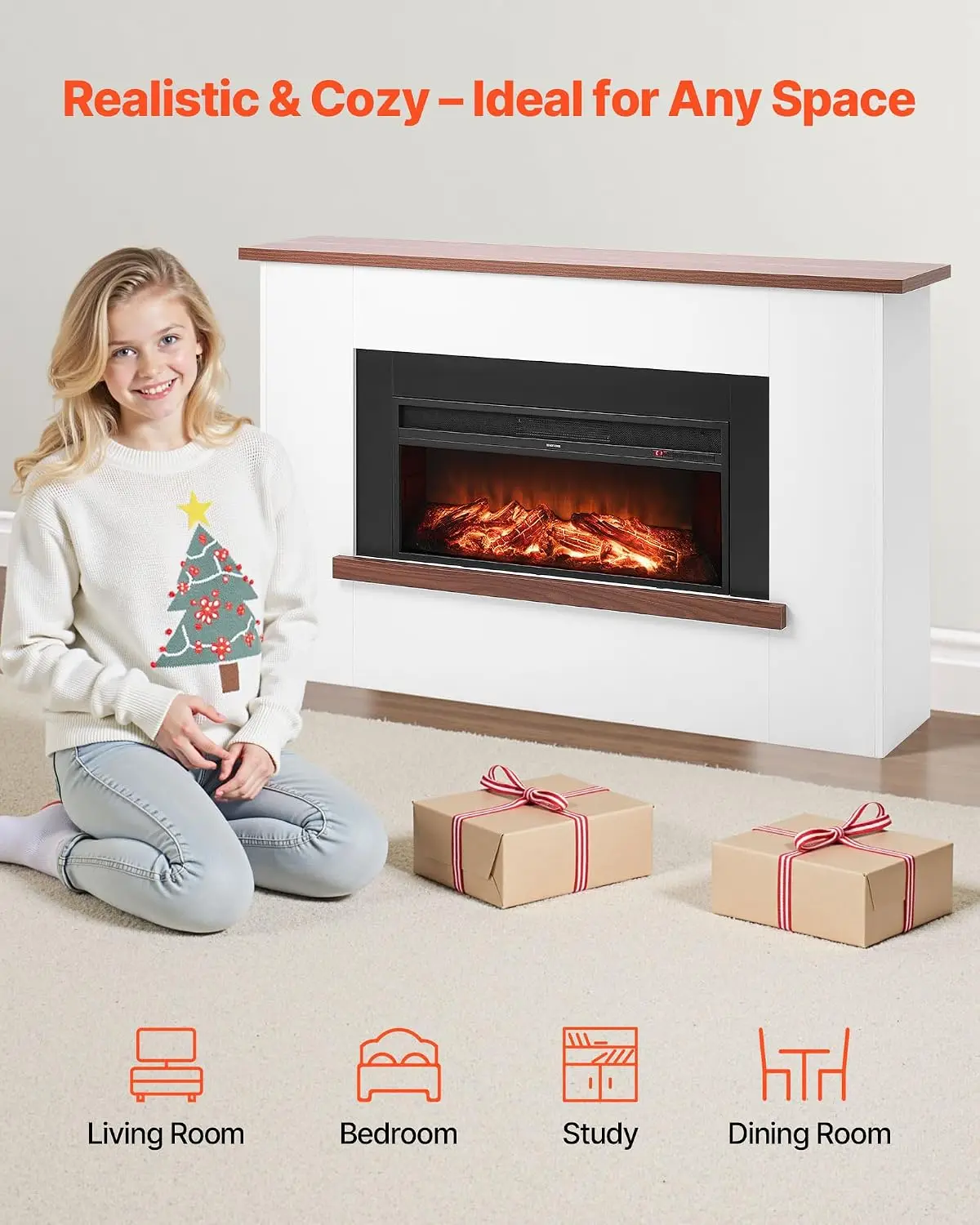 65.5 inch Freestanding Fireplaces, 1500W 5120BTU Fake Electric Fireplace Stove Heater with Mantel, Overheating, Customized