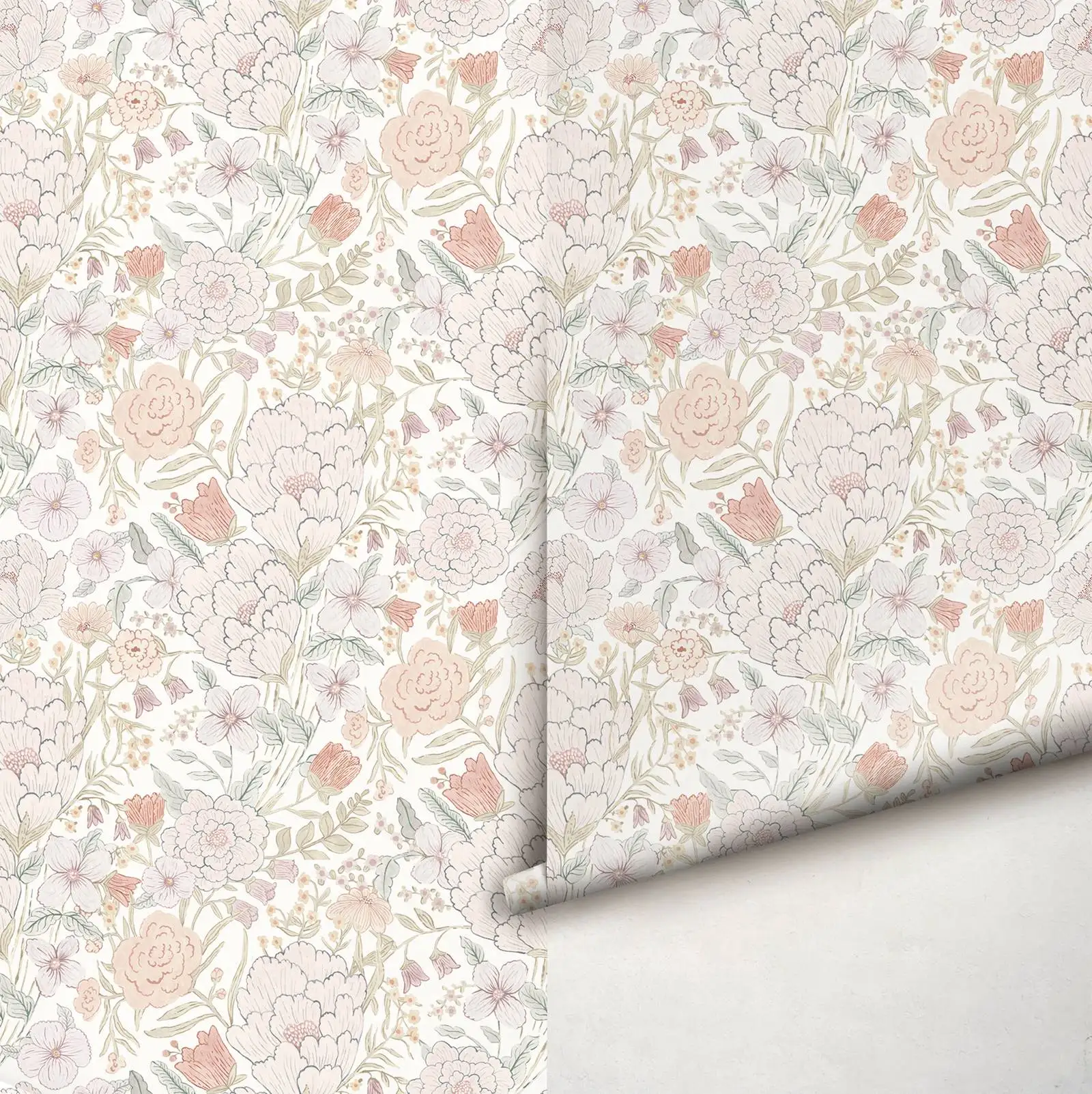 Romantic Meadow Wallpaper with Handdrawn Flower, Watercolor Floral Wallpaper