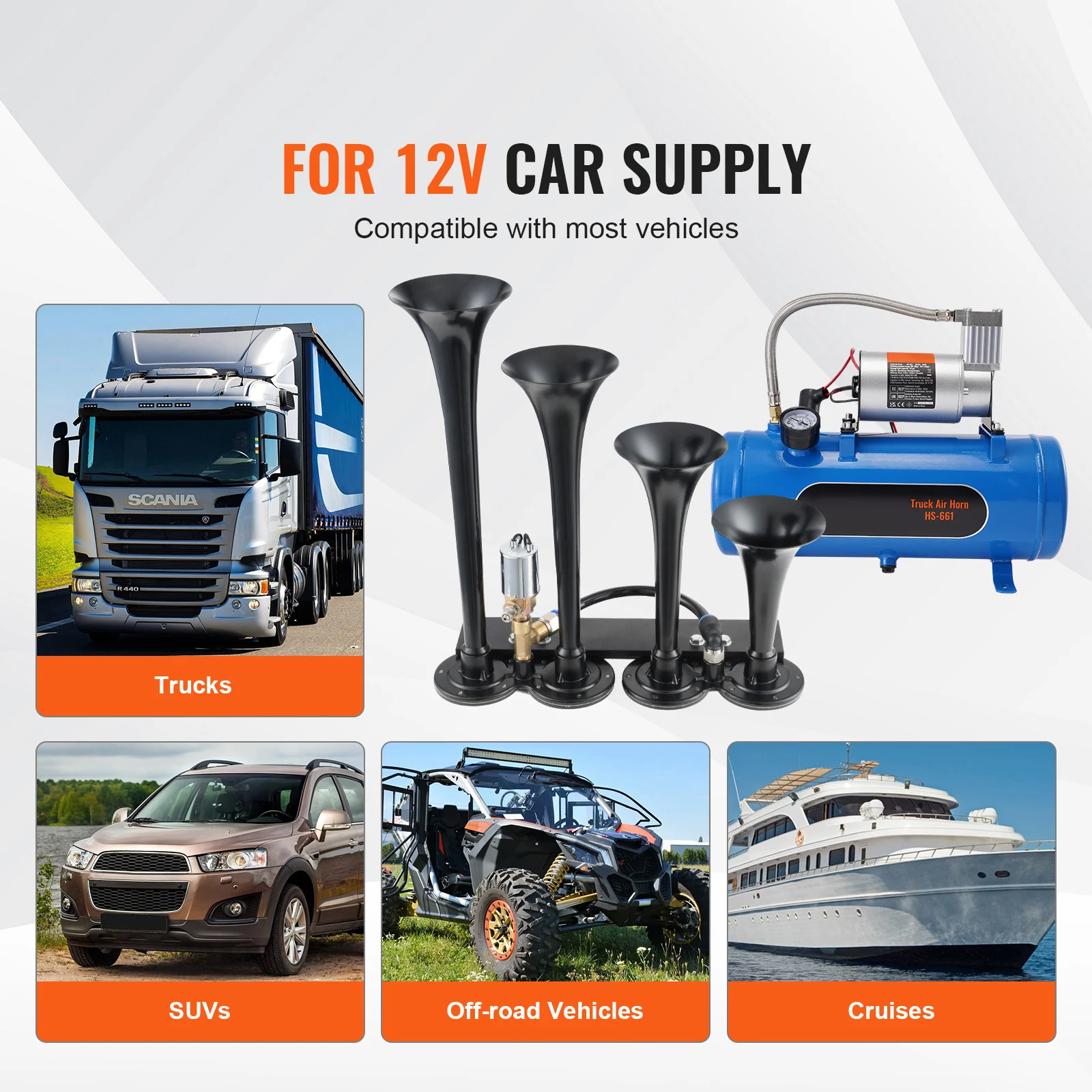 مجموعة قرون القطار SucceBuy مكونة من 4 أبواق هواء بوق 150 ديسيبل ضاغط هواء 12 فولت مع خزان 3/6/10 لتر، لقطار الشاحنات الصغيرة