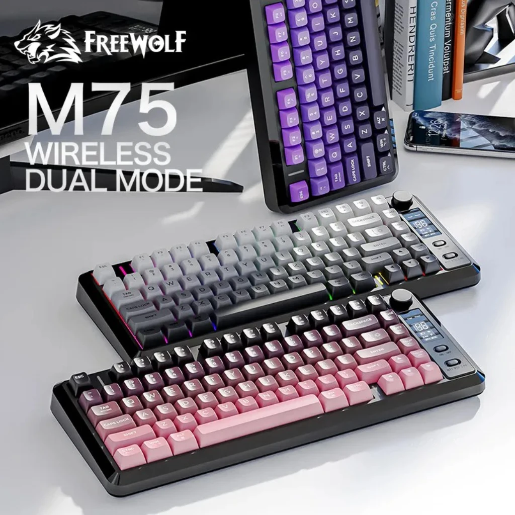 

Free Wolf M75 Wireless Gaming Keyboard 82 Keys Compact Dual Mode BT/2.4G RGB Backlit OLED Display Large Battery