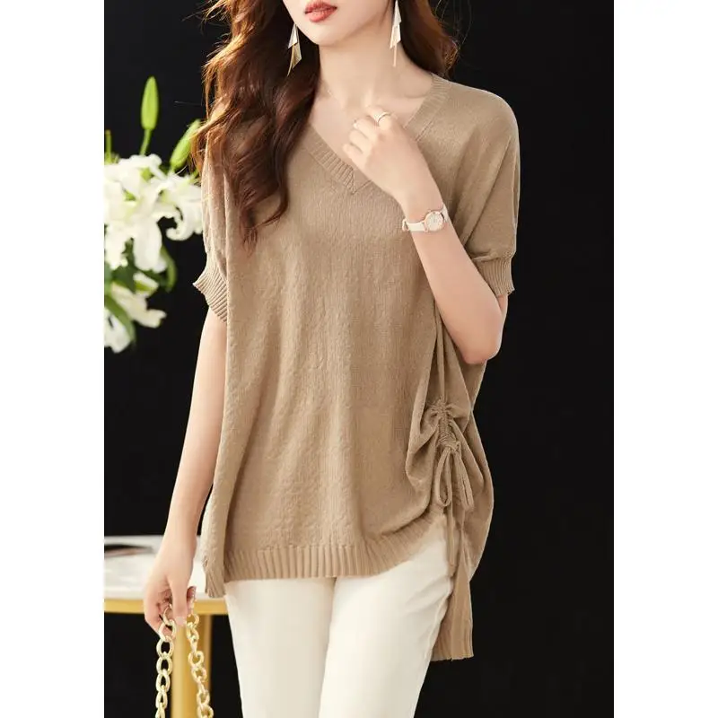 

Fashion V-Neck Knitted Shirring Bandage Blouses Women Clothing 2025 Summer New Loose Solid Color All-match Tops Commuter Shirts