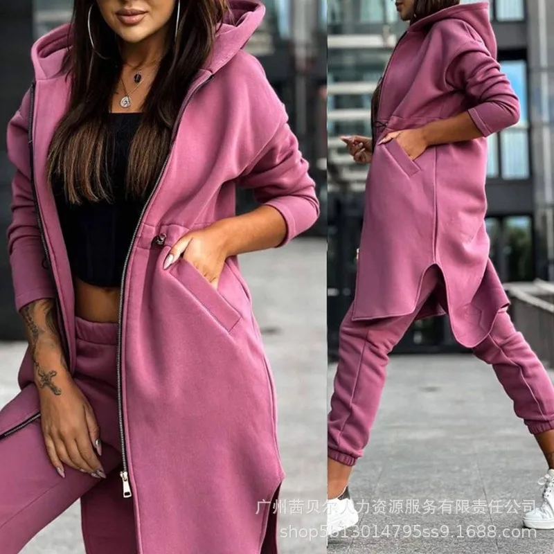 Women\'s Hooded Zipper Irregular Large Coat Mid Waist Pencil Pants Two-Piece Suit Autumn Winter New Solid Color Printing Suit