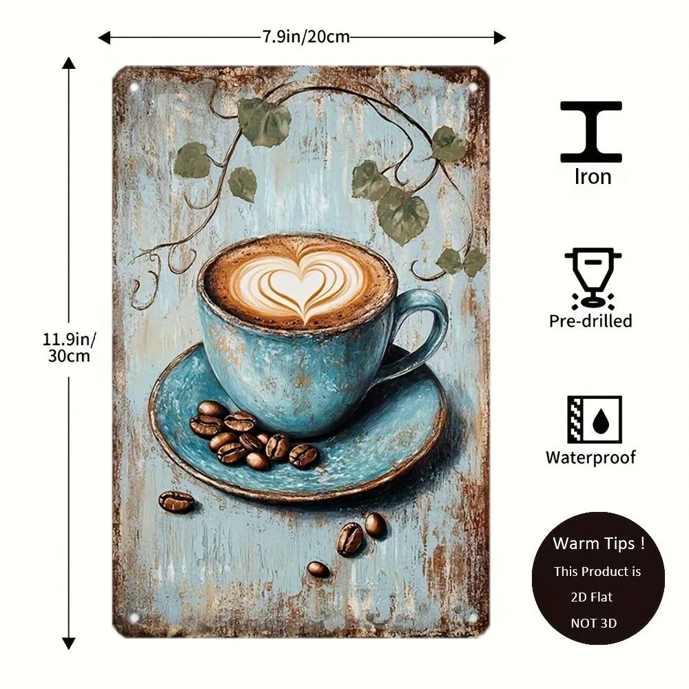 Vintage Blue Latte Heart Metal Sign | Distressed Iron Decor for Cafe or Kitchen
