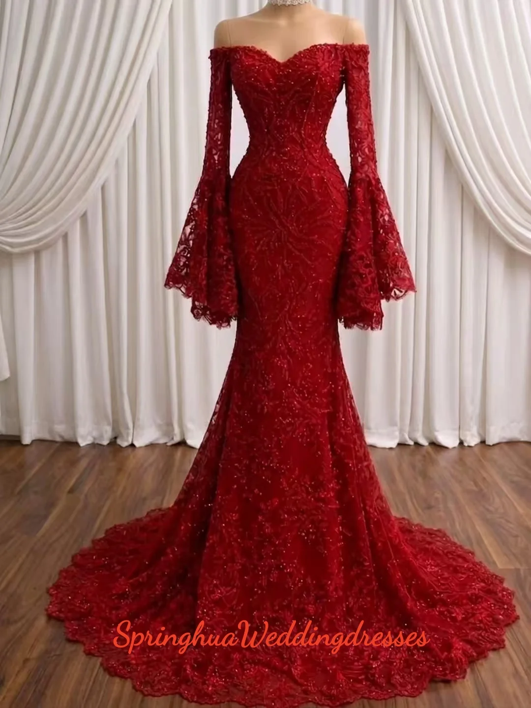 Customized Dark Red Flare Long Sleeves Mermaid Evening Wedding Dress Elegant Off Shoulder Wedding Engagement Reception Party Gow