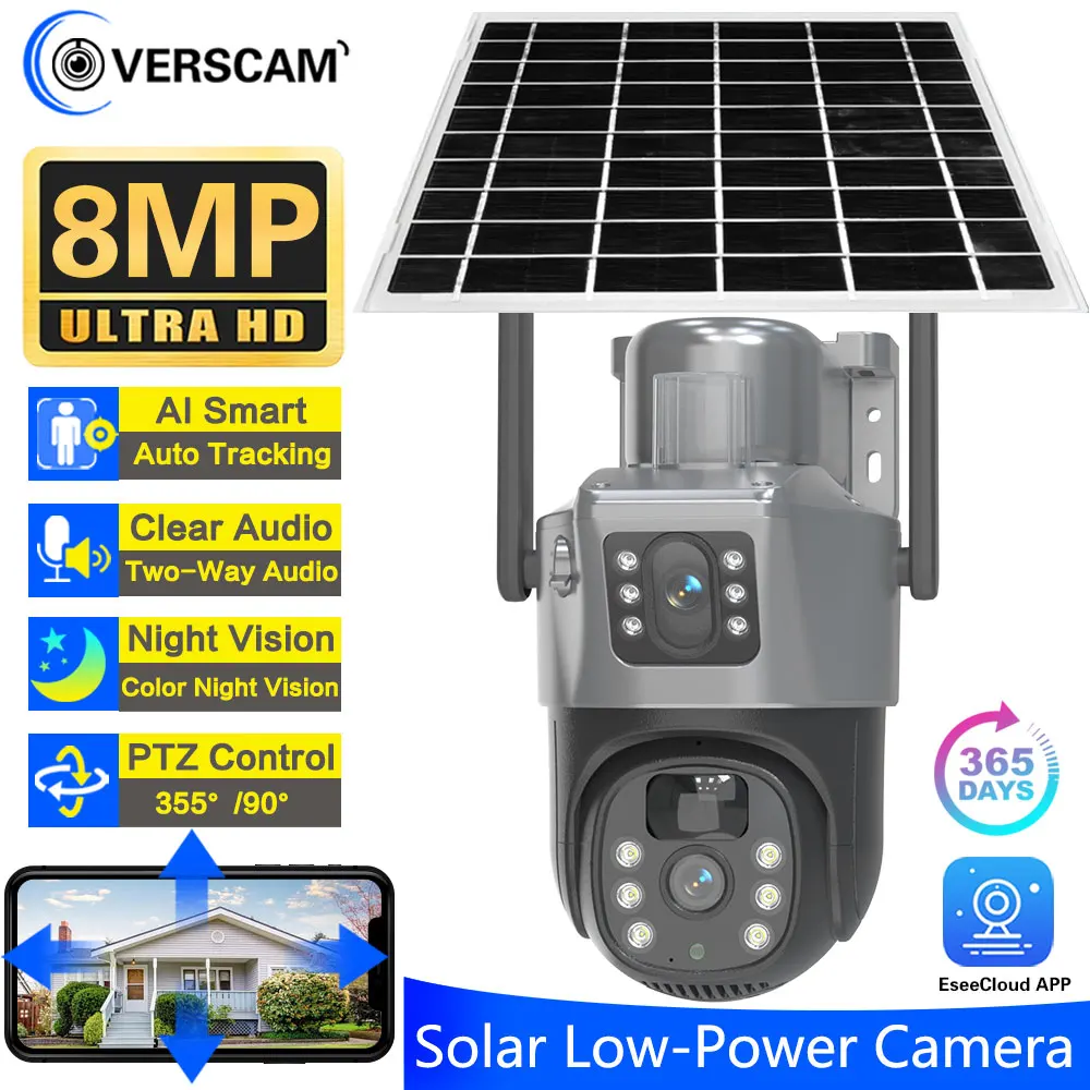 

8MP Dual Lens Security Solar Powered Camera Outdoor Wifi Camera With Solar Panel, Wireless IP CCTV 12000mA Rechargeable Battery