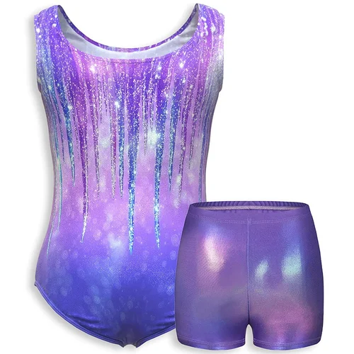 Imagen 2 del producto Camisola sin mangas para niñas, leotardos de baile de Ballet para niñas, trajes de baile gimnástico con pantalones cortos a juego, diadema, 4 piezas