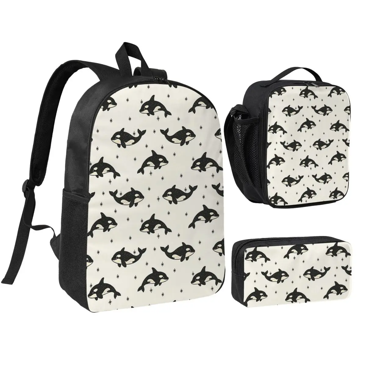 Killer Whale Orca Pattern Backpack Student BookBag School Bag Shoulder Bags 3ps Insulated Lunch Bag Pencil Case