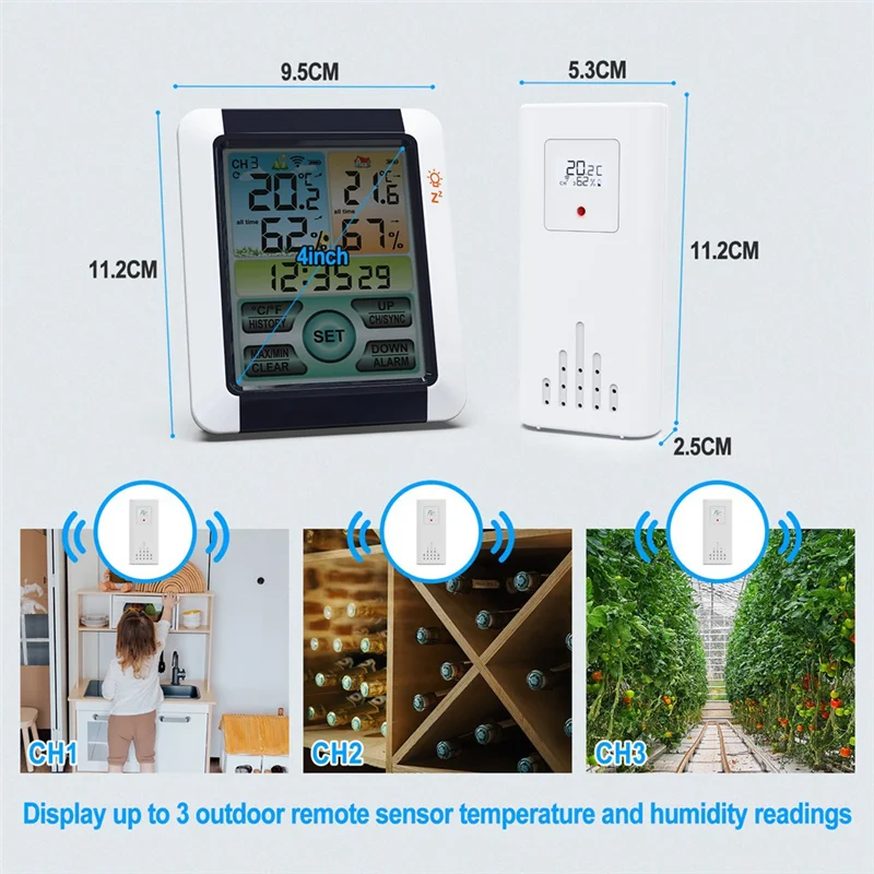 T88C Wireless Temperature Humidity Sensor LCD Digital Screen Temperature Sensor with Clock Function for Home Indoor Outdoor