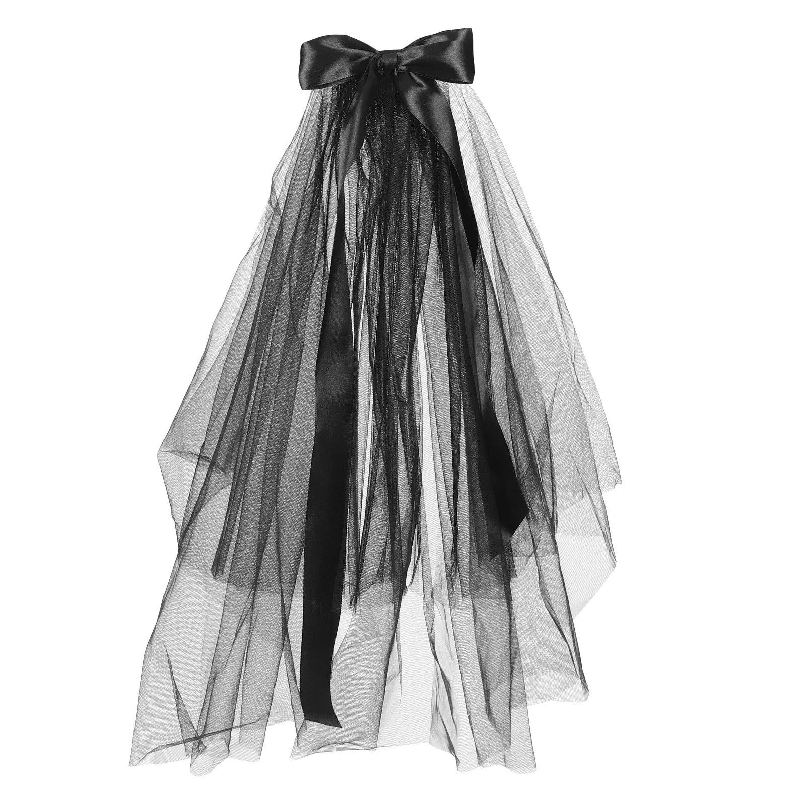 Black Veil for Women Halloween Wedding Veil Bowknot Decor Ghost Wedding Cosplay Costume Party Lightweight Gauze Hair Accessory