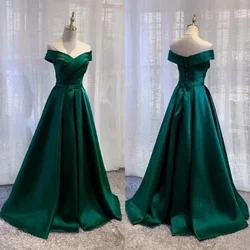 Evening Dress Simple Dark Green Off the Shoulder Pleat Lace up A-line Floor Length Plus size Women Party Formal Gown Customized