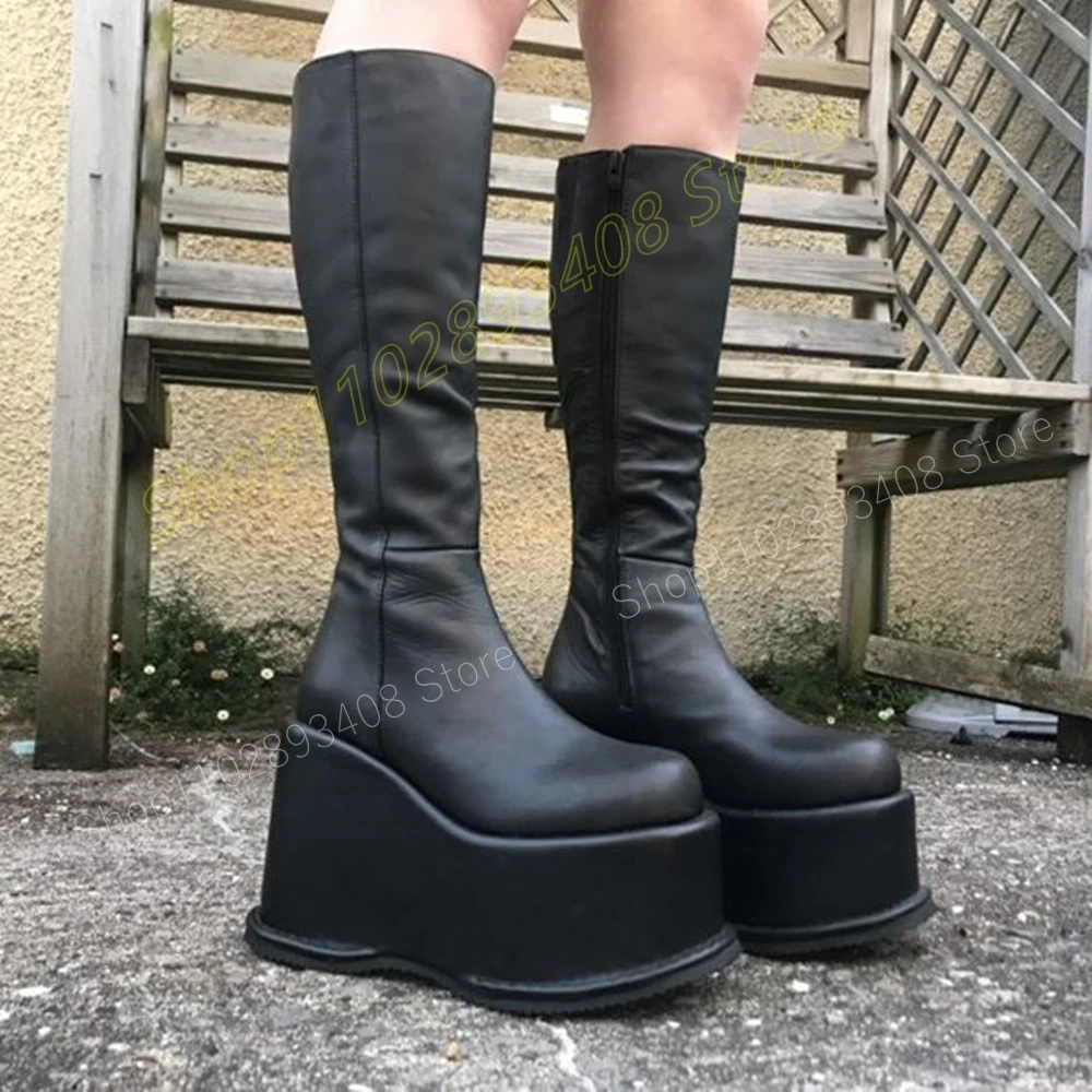 Botas de bezerro médio com sola grossa para mulheres, couro preto fosco, cunhas, salto alto, zíper, conciso, sapatos de plataforma sexy, moda, 2024