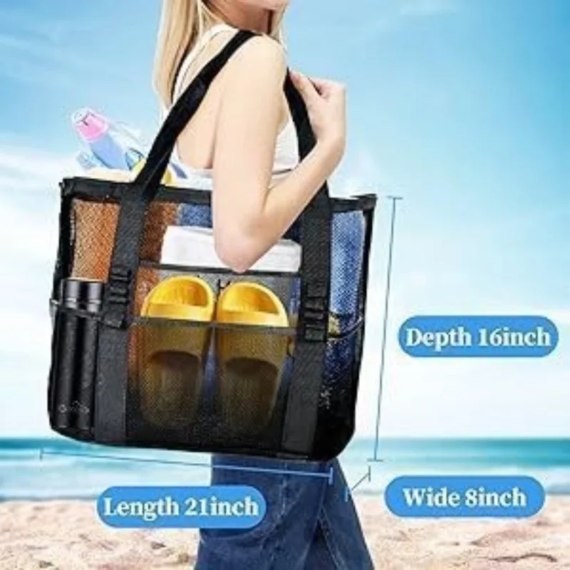 Multi-Pocket Mesh Large Beach Tote Bag, Lightweight Quick Dry Swim Storage Shoulder Bags  for Travel Outdoor Swimming Trip