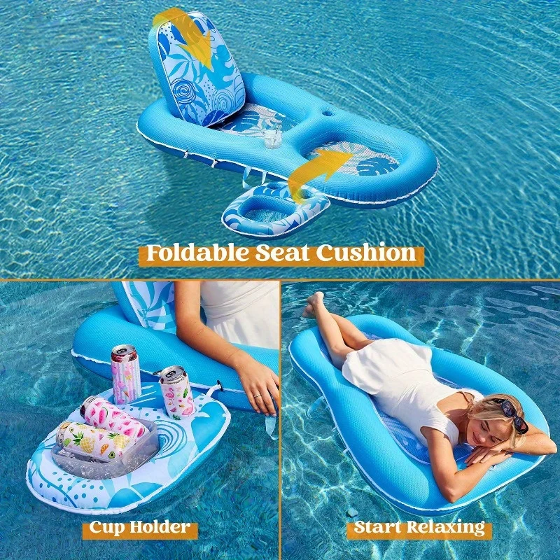 Pool Floats Lounger Adult Fabric Pool Floaties Lounge Convertible 2-in-1 Floating Water Floaty with Cup Holders