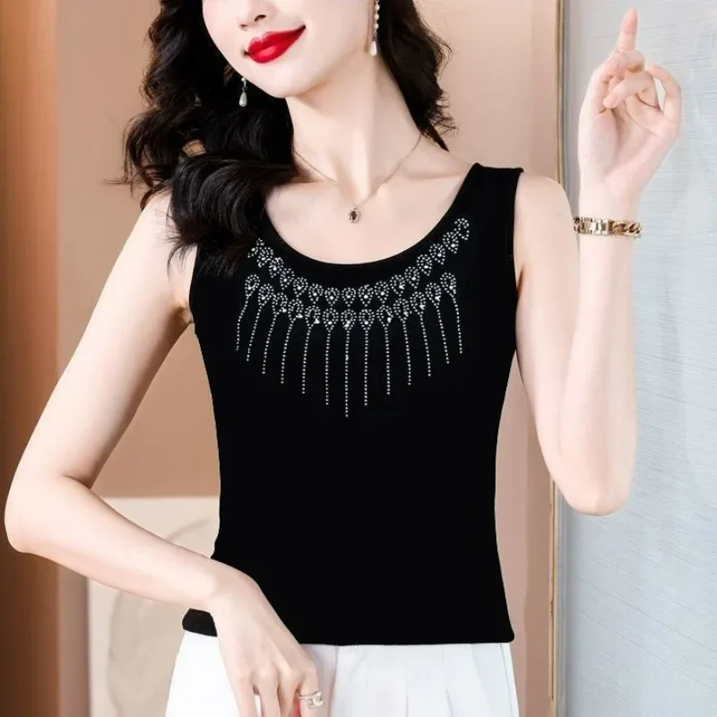 Summer New Women Sleeveless Vest Suspender Loose Large Size Ice Silk Rhinestones Versatile Daily Casual Tank Top