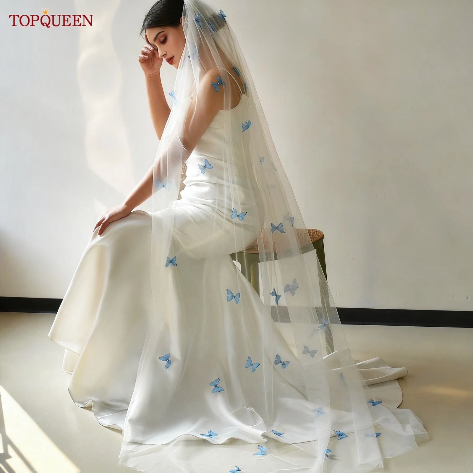 TOPQUEEN ثلاثية الأبعاد فراشة طرحة زفاف جميلة الأزرق فراشة الحجاب الزفاف 3 متر اكسسوارات الزفاف للتخصيص M110 #5