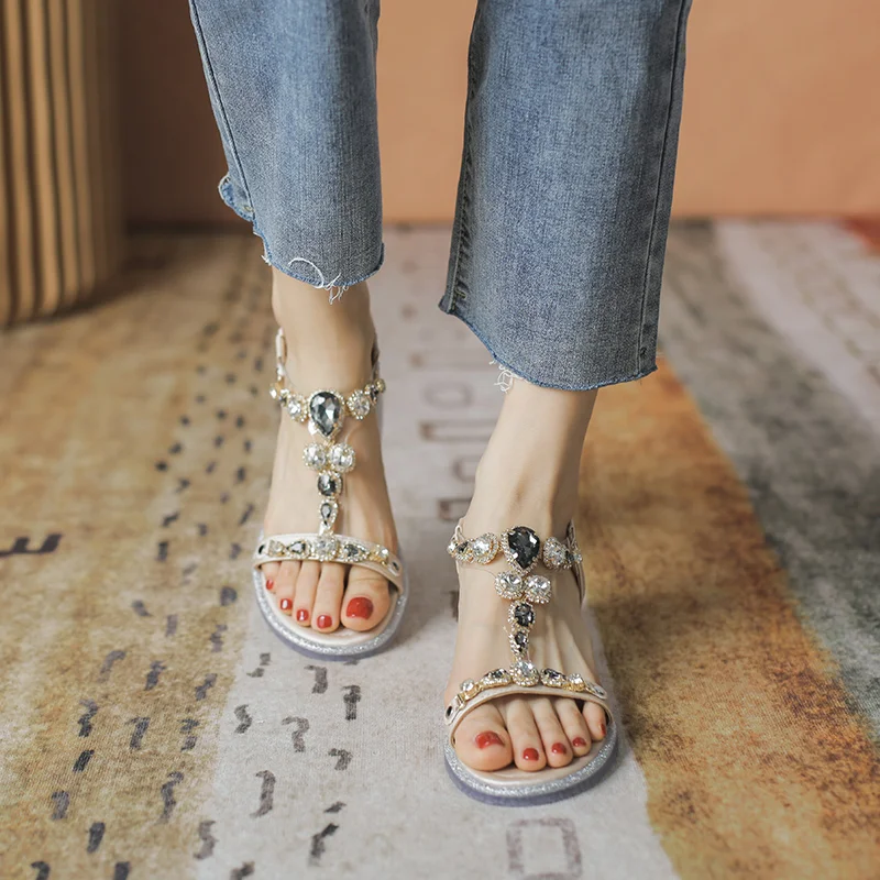 Ladies Shoes 2023 Fashion Elastic Band Women\'s Sandals Summer Casual Sandals Women Crystal Wedge Shoes Female Zapatos Mujer