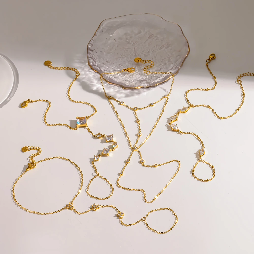 Exquisites großes Zirkonia-Fingerarmband, 18K vergoldeter Edelstahl, wasserdicht, Handrückenkette, Schmuckgeschenk – Detail 3