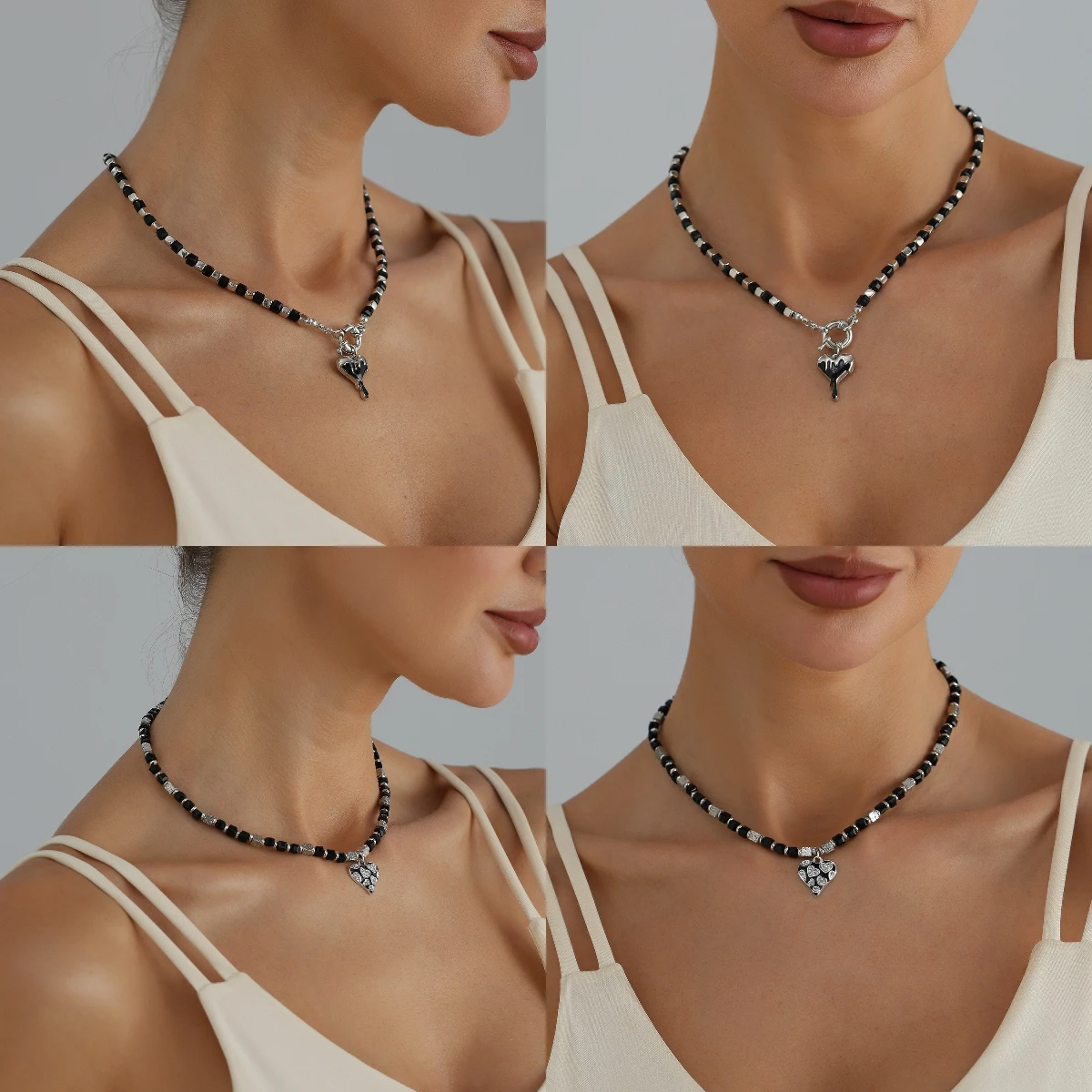 Cross border jewelry fashion color blocked bead studded diamond heart necklace, niche design spring buckle accessories