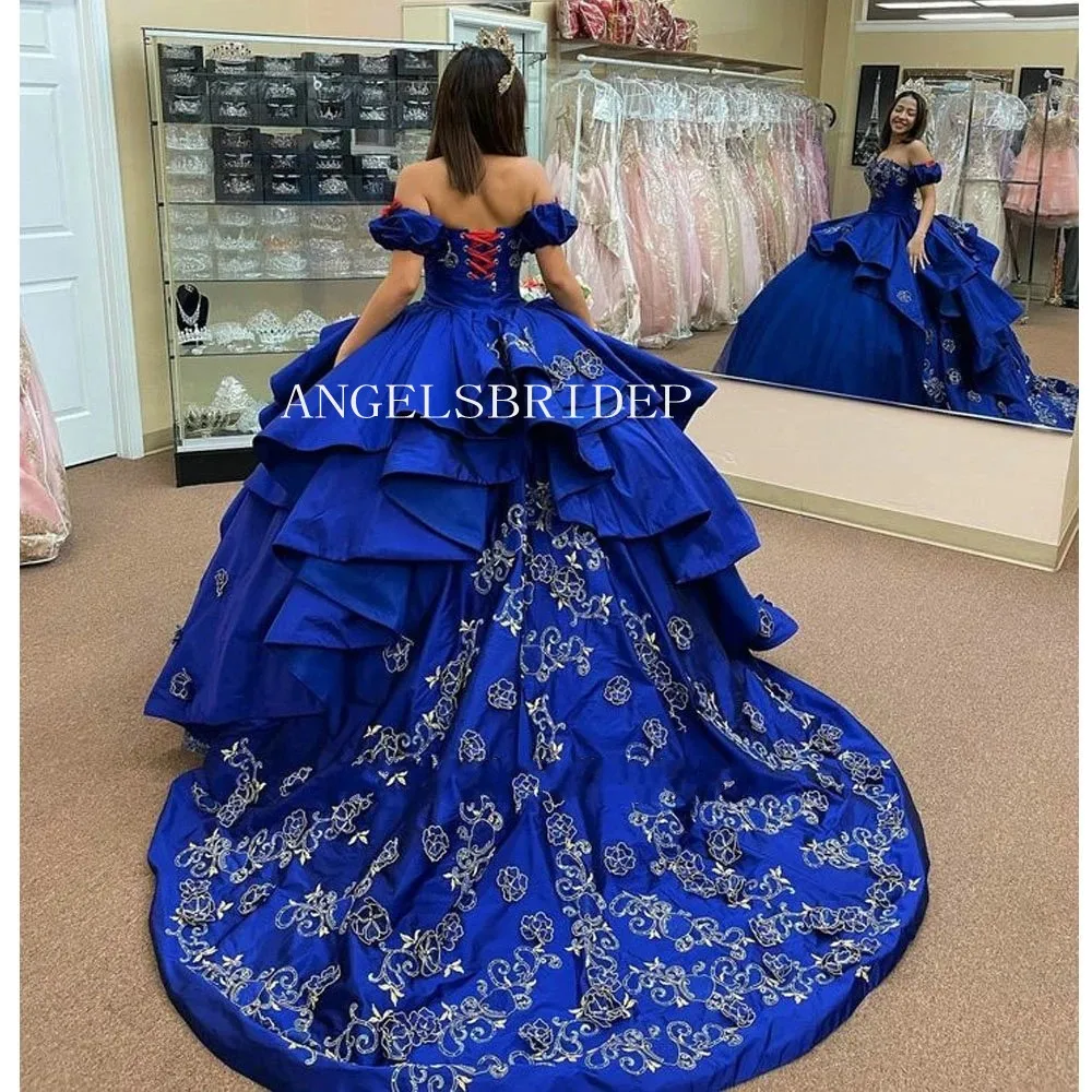 Angelsbridep szykowne królewskie niebieska suknia balowa Quinceanera sukienki 2023 Vestidos De 15 Quinceañera z pociągiem formalna sukienka