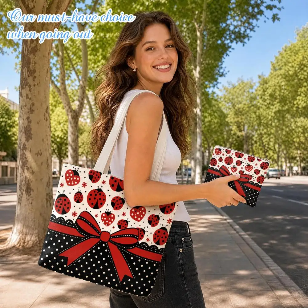 Storage Bags Ladybugs Love Hearts 2-Piece Set Double-Sided Print with Zipper Canvas Eco Tote Bag for Beach Travel Picnic