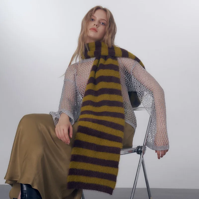 Lenço clássico de malha listrada para mulheres, xale feminino, macio e quente, imitação de lã, esquema de cores, nicho original, outono e inverno